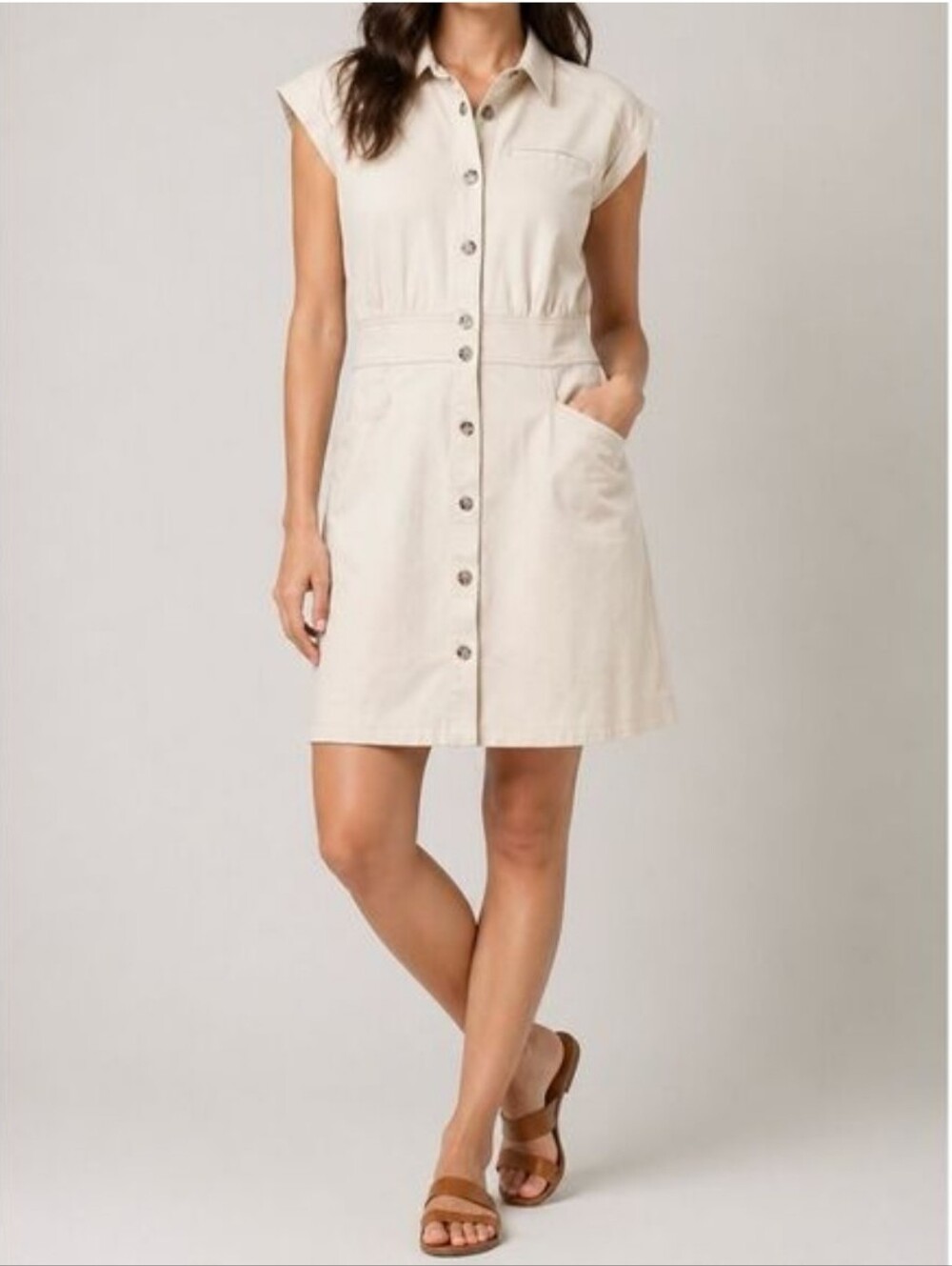 SPANX Stretch Twill Utility Shirt Mini Dress Button Front Eggshell White Size  L
